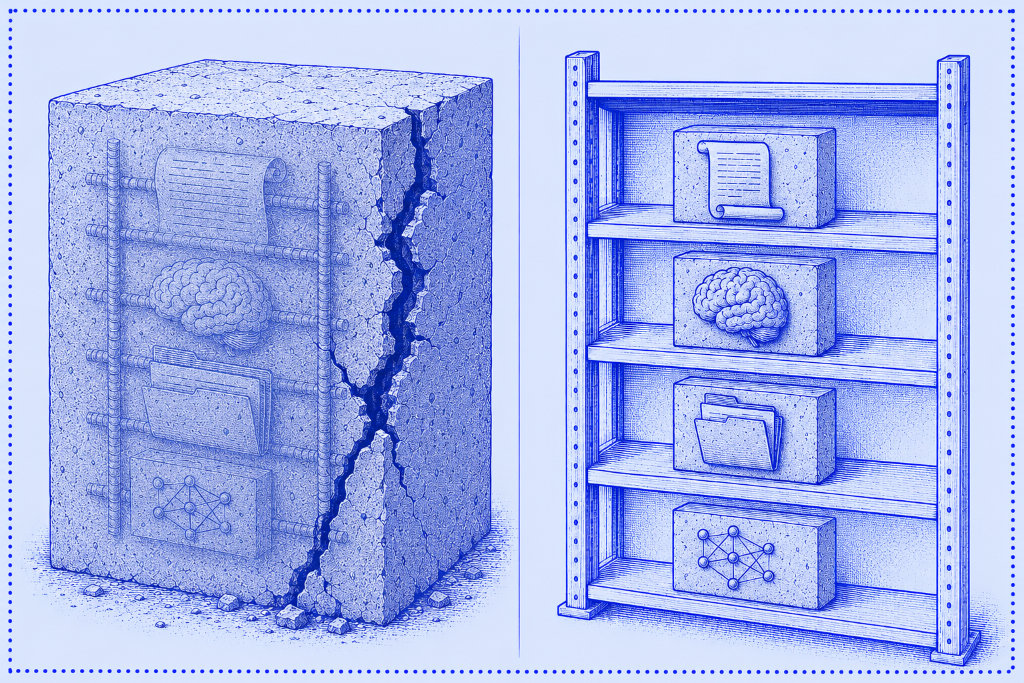 Two-panel blue technical illustration showing a rigid AI project versus a modular one. On the left, a large cracked concrete block contains faintly embedded artefacts — a document, a memory/brain, files, and a model diagram — held inside like rebar, suggesting a project where everything is fused together and hard to change. On the right, the same four artefacts appear as separate blocks on a shelf, showing a modular setup where each part can be swapped independently.
