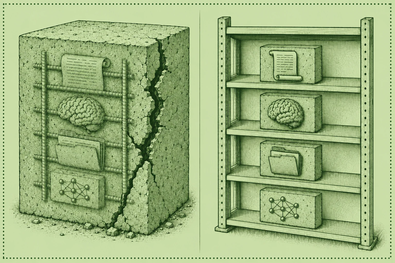 Two-panel blue technical illustration showing a rigid AI project versus a modular one. On the left, a large cracked concrete block contains faintly embedded artefacts — a document, a memory/brain, files, and a model diagram — held inside like rebar, suggesting a project where everything is fused together and hard to change. On the right, the same four artefacts appear as separate blocks on a shelf, showing a modular setup where each part can be swapped independently.