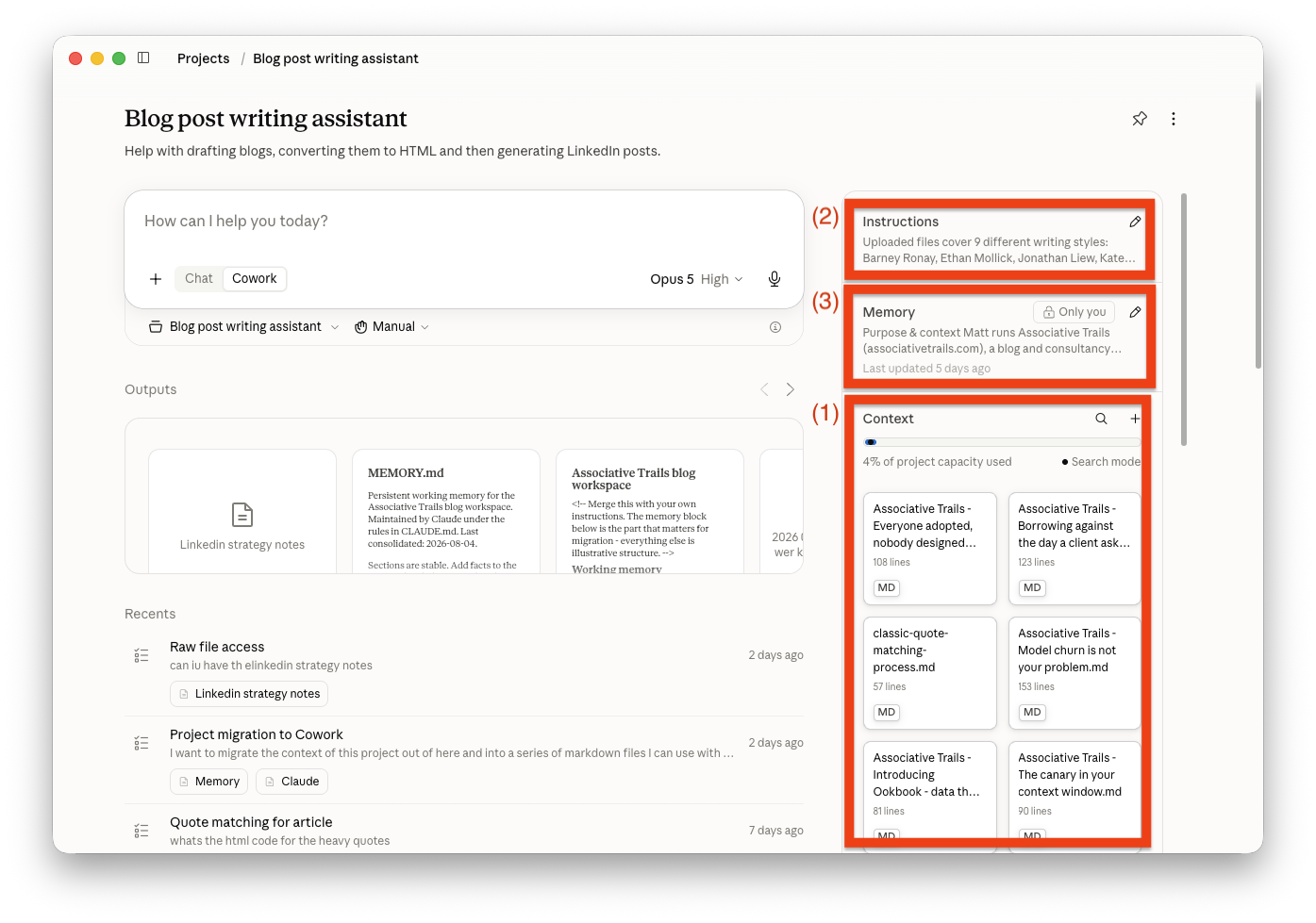 Annotated screenshot of Claude Projects, denoting where the context files, instructions, and memory are located.
