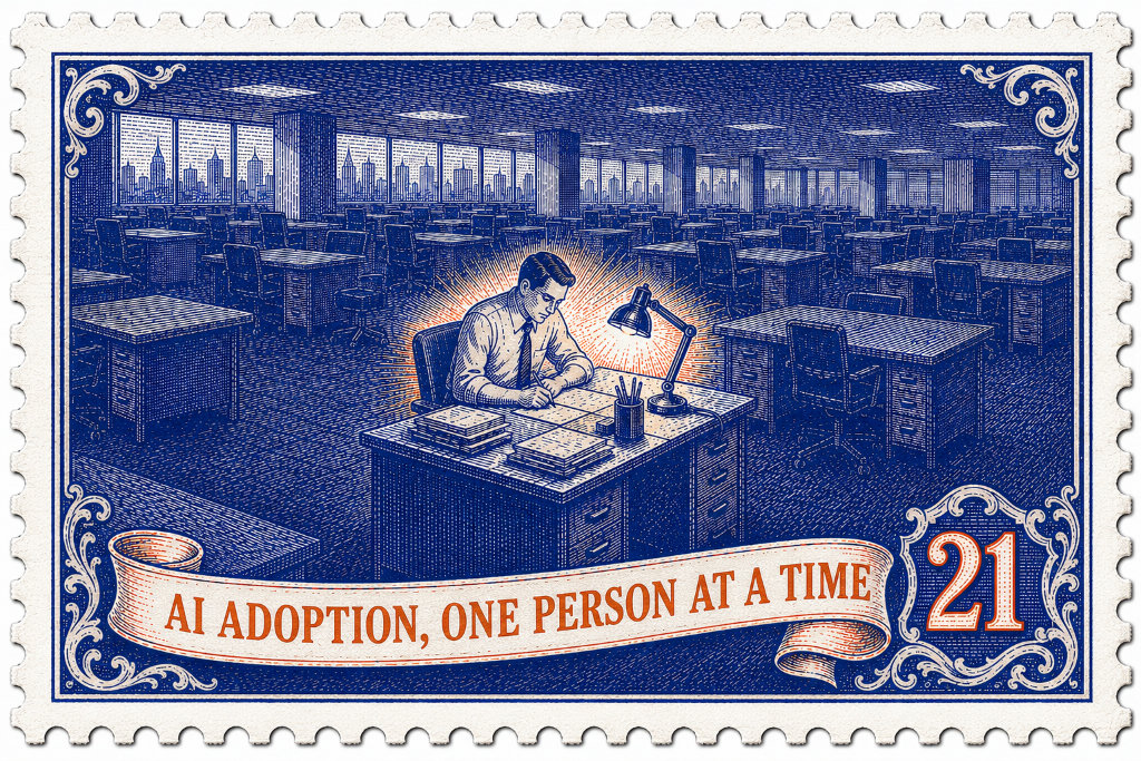 A blue-and-orange 1950s-style commemorative stamp showing one employee working under a desk lamp in a vast office of empty desks. A banner reads "ADOPTED ONE PERSON AT A TIME," illustrating how AI entered the firm through individual choices rather than a coordinated company decision.
