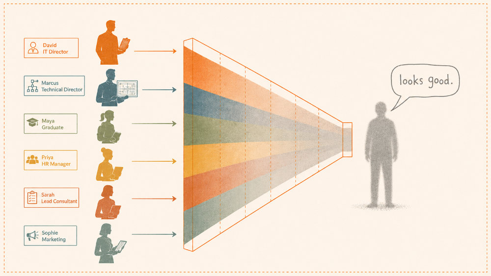 Six distinct professional silhouettes enter a funnel from the left. A single blurred, featureless figure emerges on the right, with a speech bubble reading 'looks good.'