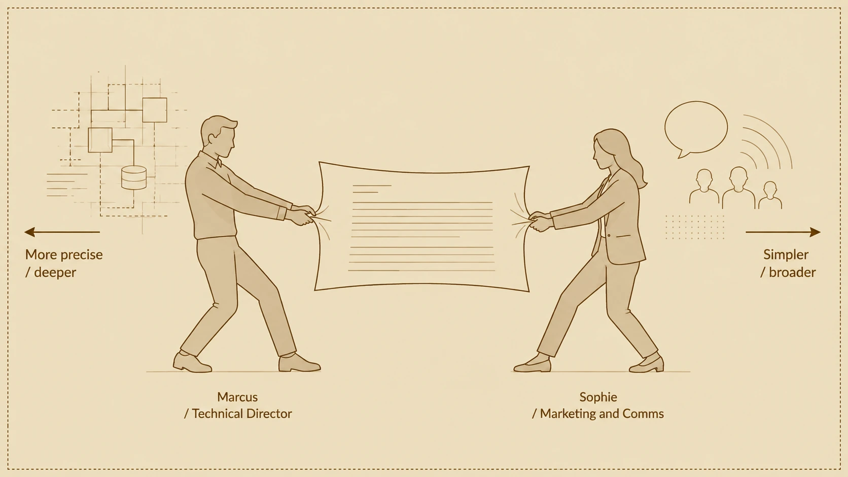 Two figures labelled Marcus and Sophie grip opposite ends of a document. Marcus pulls left toward 'More precise / deeper.' Sophie pulls right toward 'Simpler / broader.' The document holds, unresolved, in the centre.