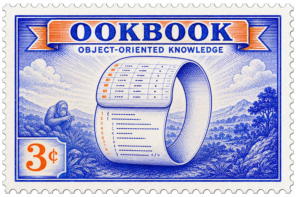 Vintage-style commemorative stamp showing a looping scroll that feeds back into itself, with tabular data above and code-like instructions below, watched over by a small orang-utan in the background beneath the title 'OOKBOOK'.