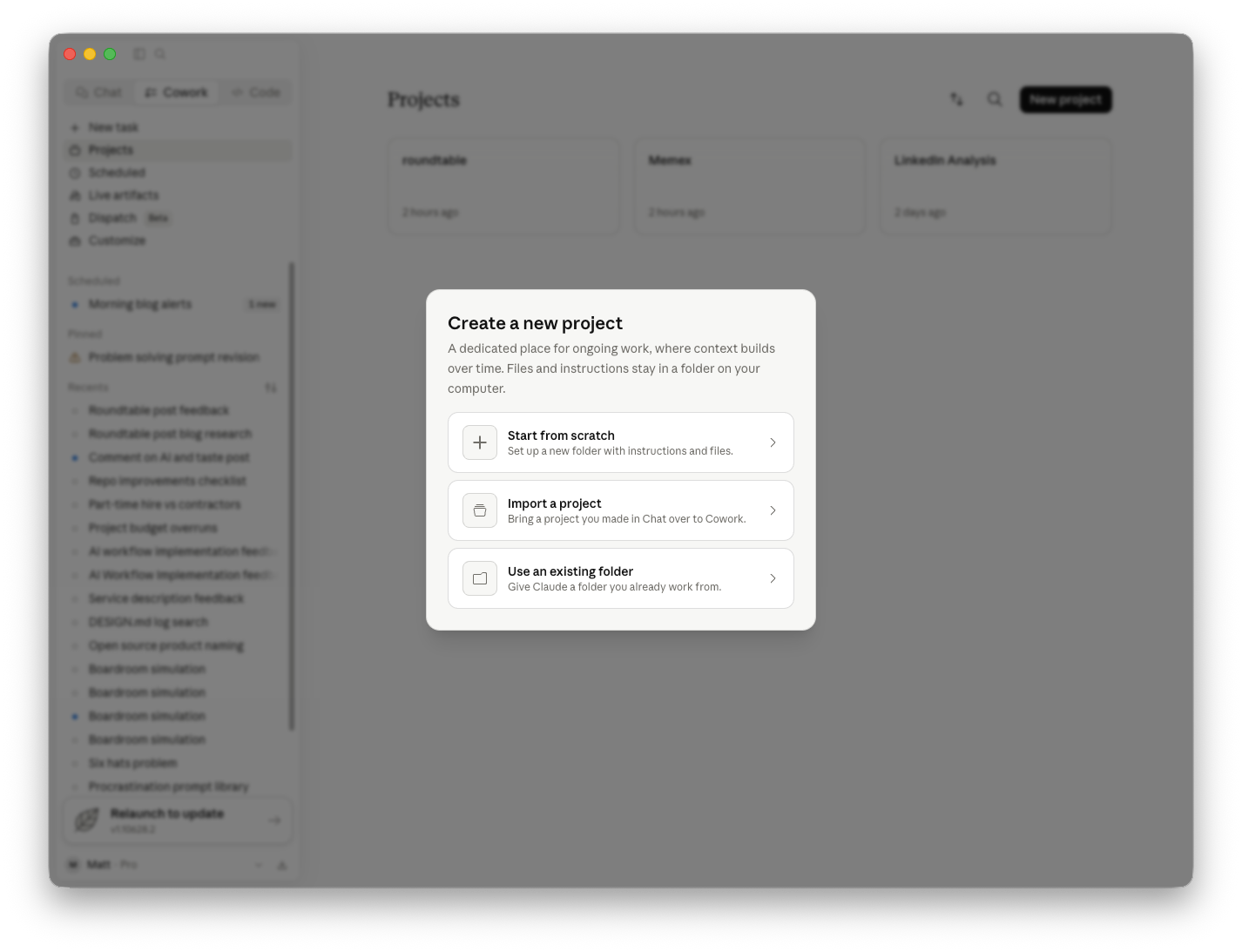 Screenshot of the Claude app showing the Cowork interface
