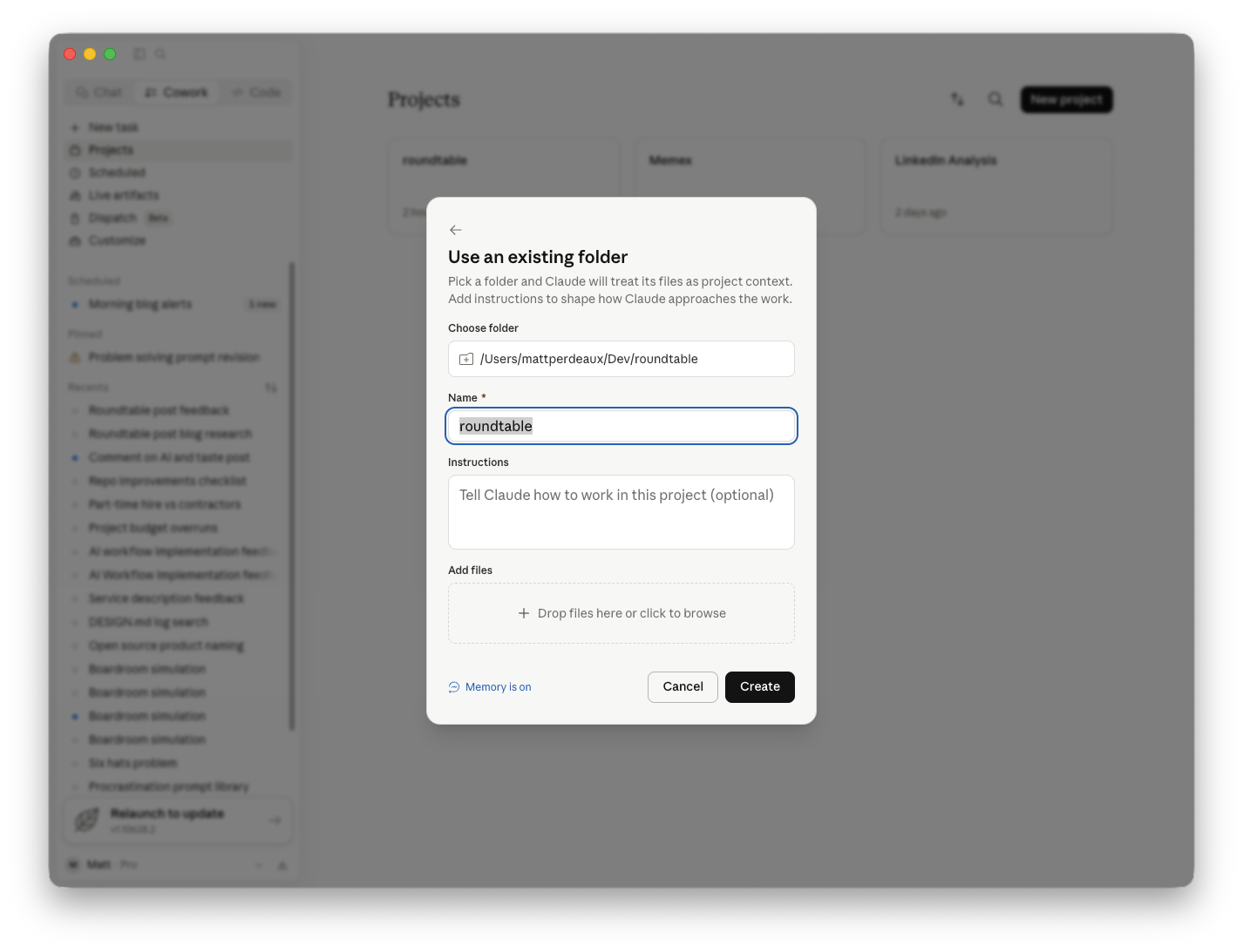 Screenshot of the Claude app showing the Cowork interface with the option to use an existing folder