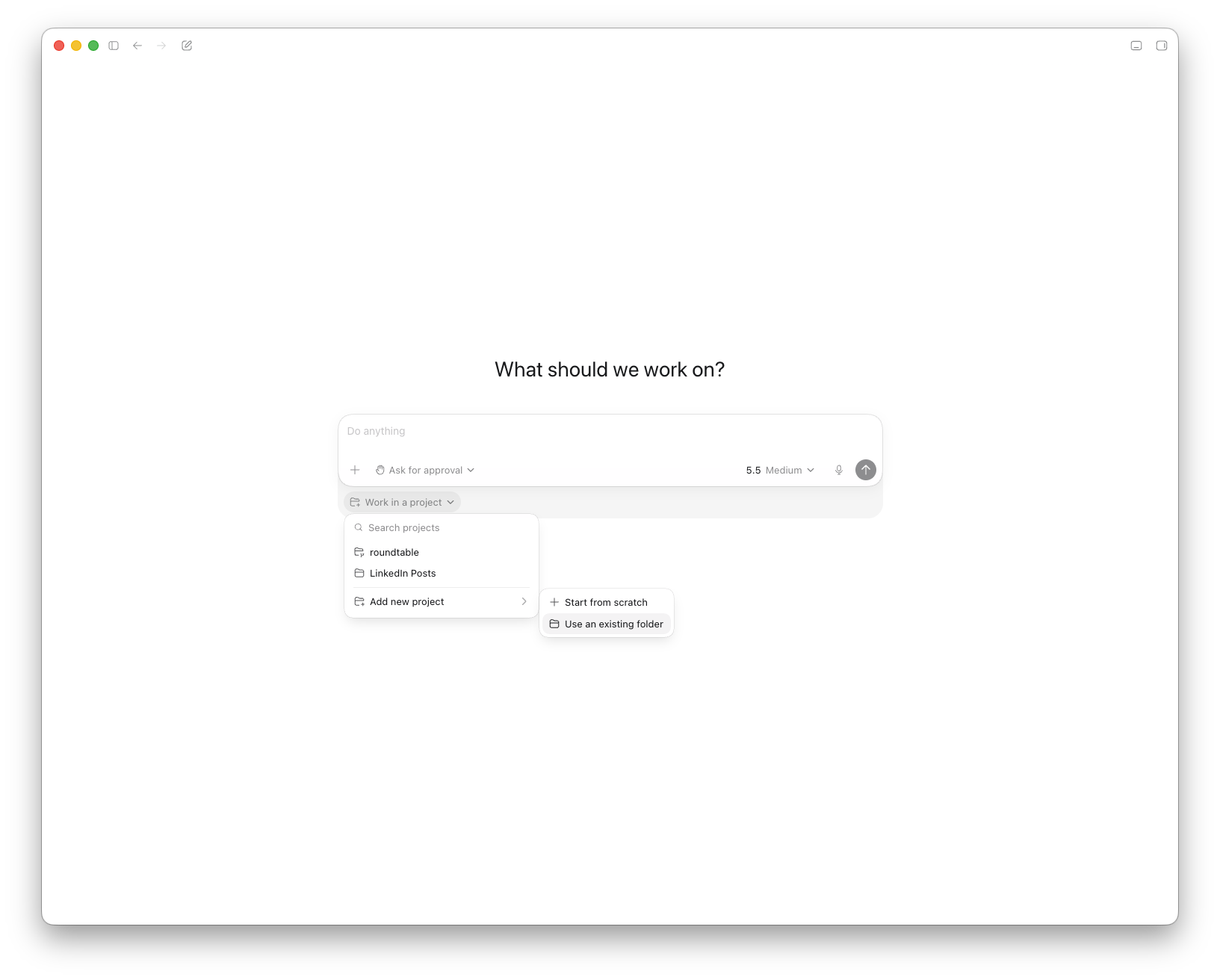 Screenshot of the Codex app showing the project interface with the option to use an existing folder