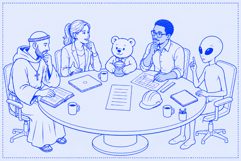 A blue line-art illustration of a roundtable discussion featuring a medieval monk, a venture capitalist, a teddy bear holding a jar of honey, an engineer reviewing plans, and an alien sharing an idea. The five characters sit around a circular table covered with documents and work materials, representing diverse perspectives contributing to a shared decision.