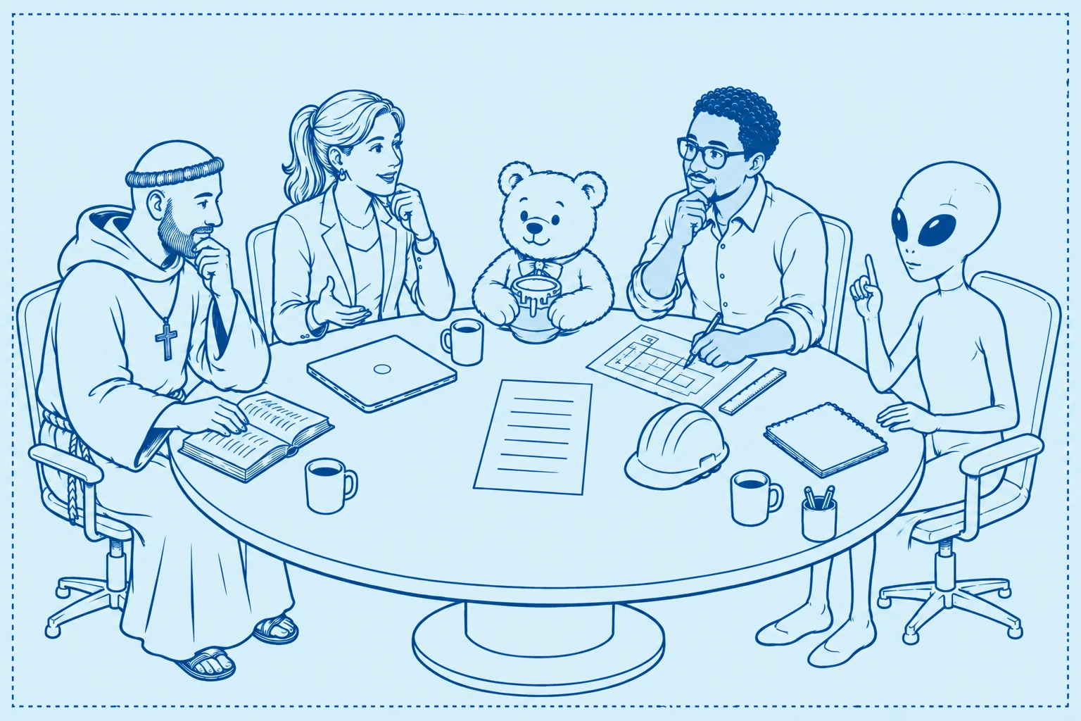 A blue line-art illustration of a roundtable discussion featuring a medieval monk, a venture capitalist, a teddy bear holding a jar of honey, an engineer reviewing plans, and an alien sharing an idea. The five characters sit around a circular table covered with documents and work materials, representing diverse perspectives contributing to a shared decision.