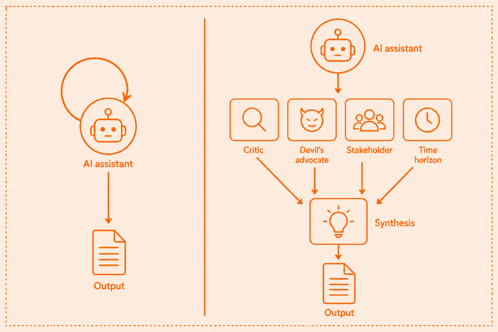 Two diagrams. Left: a single AI node looping back on itself to produce an output, generation and evaluation combined. Right: a generator node feeds separate critic nodes, which converge on a synthesis node before output, evaluation separated from generation.