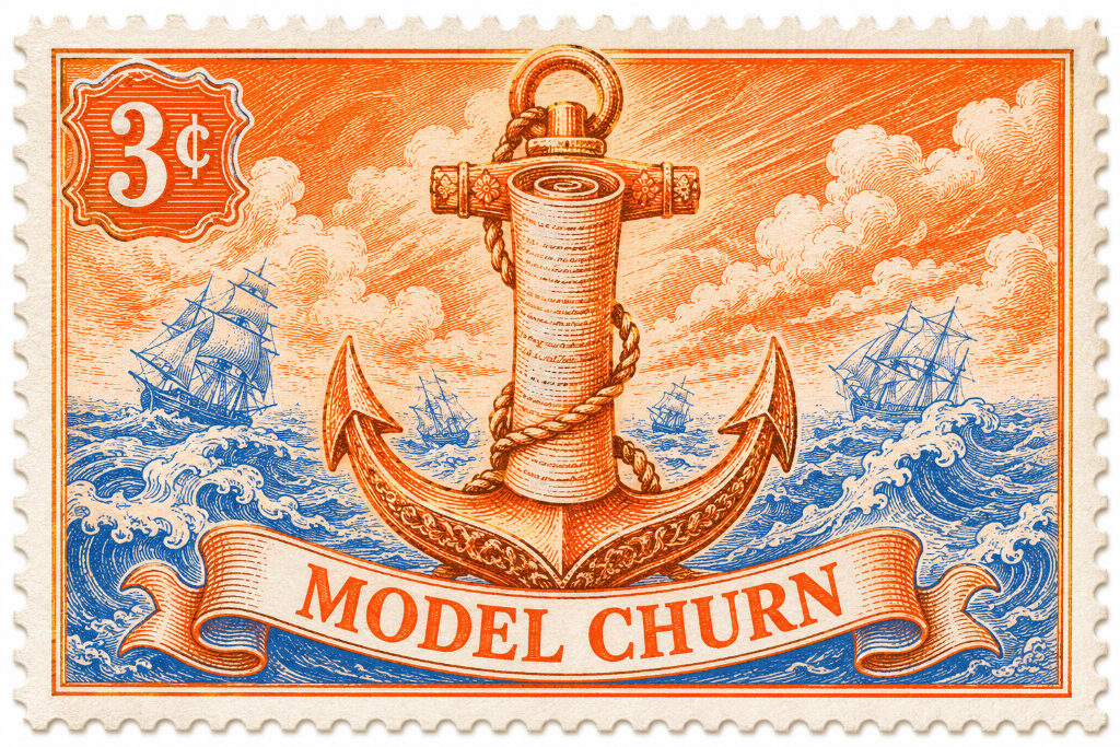 A 1950s-style commemorative postage stamp in engraved orange and blue. A heavy ship's anchor stands upright and still against a turbulent sea, its central shaft formed from a rolled document covered in faint written lines. Small sailing ships are tossed at different angles in the swell around it. A banner reads MODEL CHURN, with 3¢ in the top-left corner.