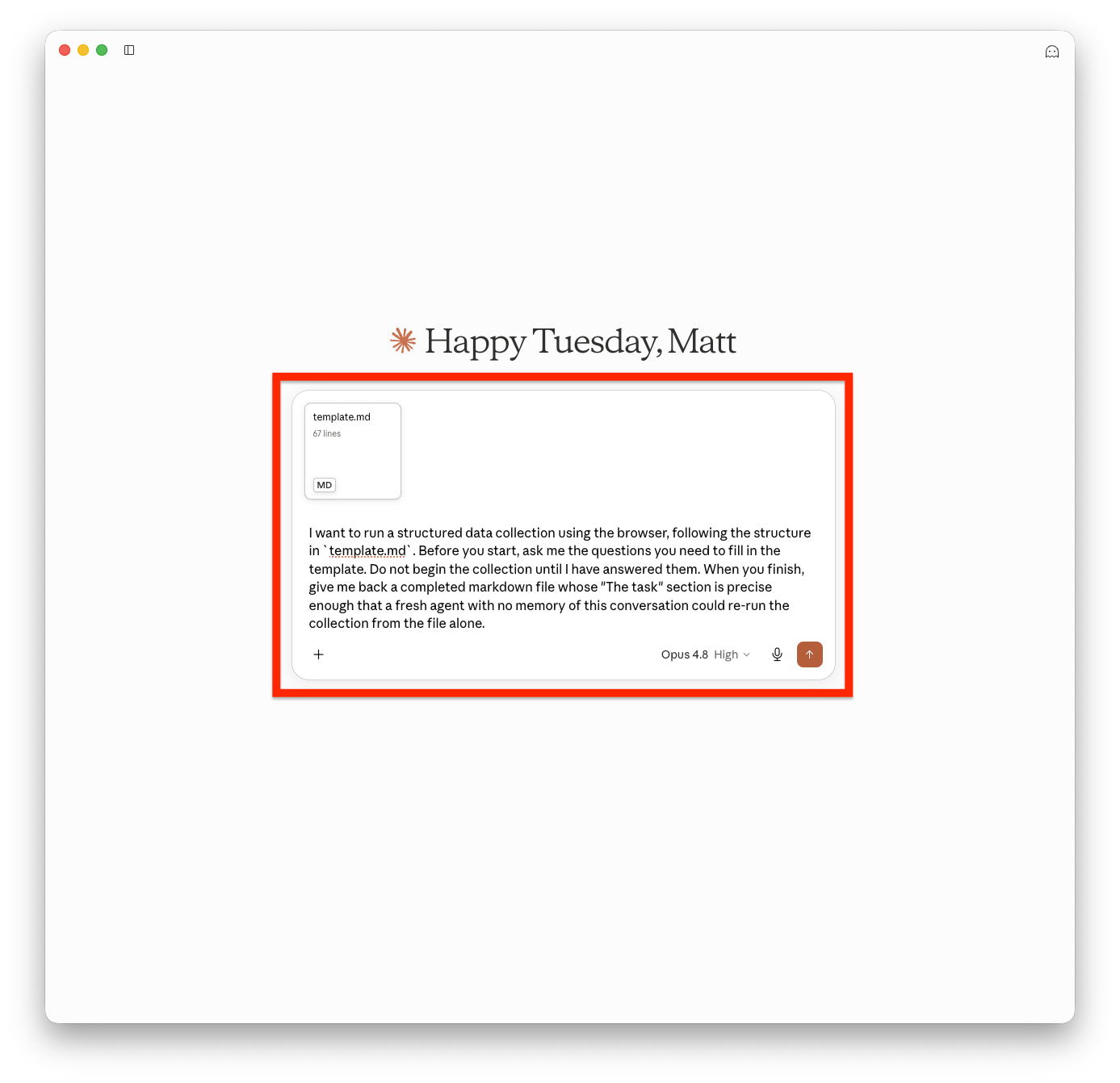 Screenshot of the Claude app with the kickoff prompt and template