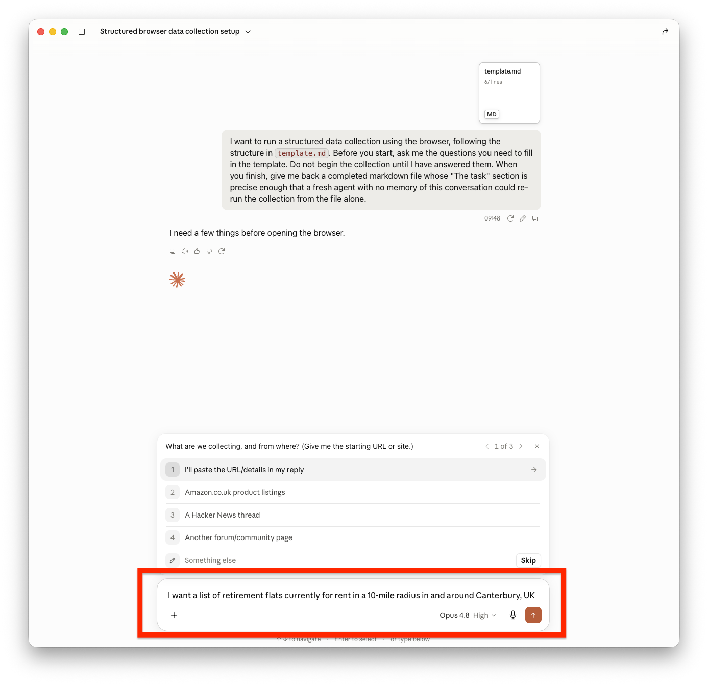 Screenshot of the Claude app showing the AI asking the user questions