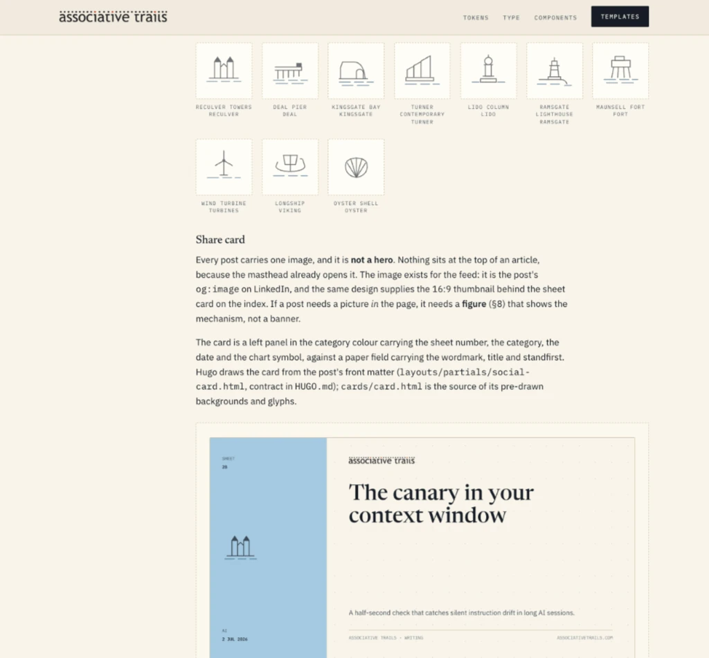 The design system page: the landmark glyphs, from Reculver Towers to an oyster shell, above the share card section
