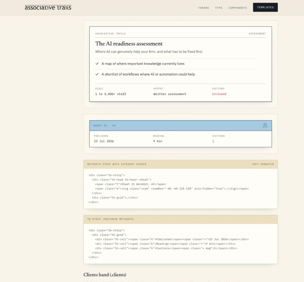 The design system page: a service card and the sheet metadata strip, with the markup to copy for each