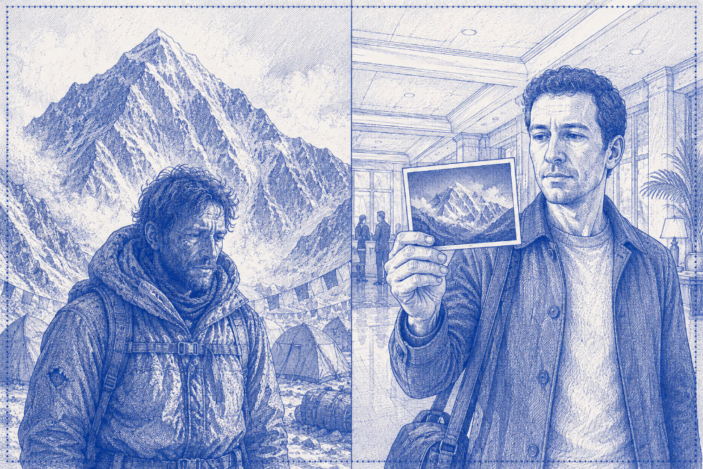 Split-panel blue ink cross-hatched illustration. On the left, a tired mountaineer stands at a high-altitude base camp beneath a towering, photorealistic mountain after living through the climb. On the right, a comfortably dressed person stands indoors holding a postcard showing the same mountain in perfect detail. The mountain is identical in both scenes, but only the mountaineer bears the marks of the experience, illustrating the article's argument that transformation comes from the process of going through something, not simply receiving the information about it.