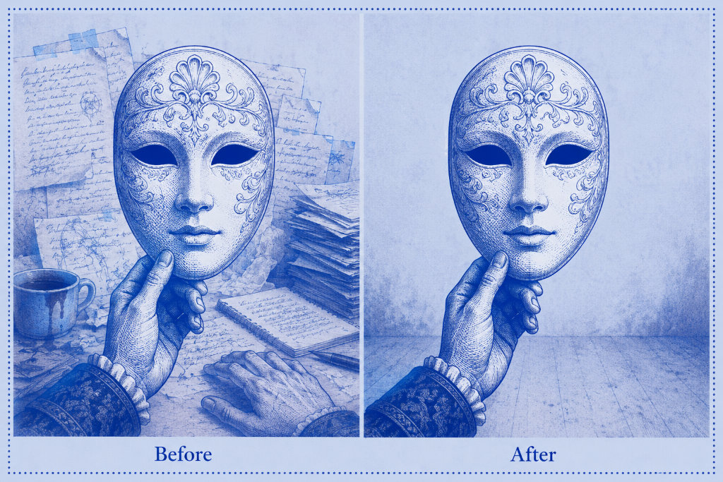 Side-by-side illustration of a Renaissance-style mask. In the 'Before' panel, the mask partially conceals papers, drafts, a coffee cup, and tired hands, revealing the work behind the performance. In the 'After' panel, the same mask stands before an empty room, suggesting that the appearance remains while the visible effort has vanished.