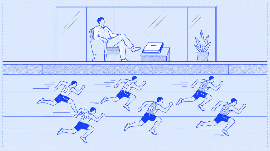 A relaxed figure sits above a track with a closed playbook beside them, calmly watching interchangeable numbered runners compete below.