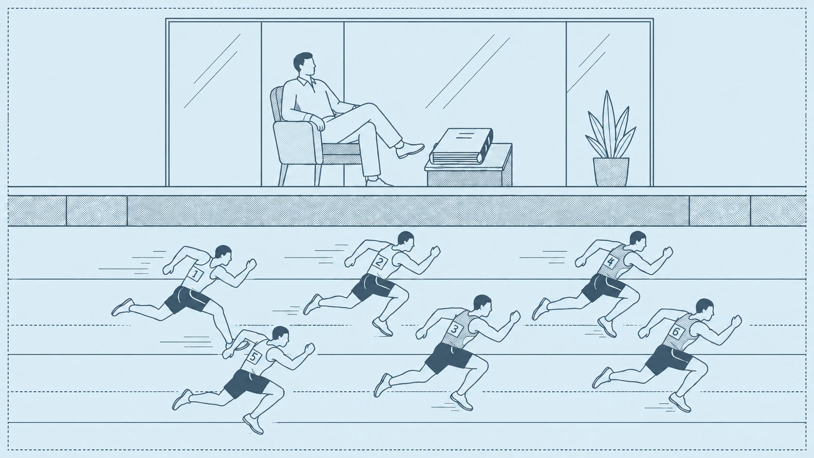A relaxed figure sits above a track with a closed playbook beside them, calmly watching interchangeable numbered runners compete below.