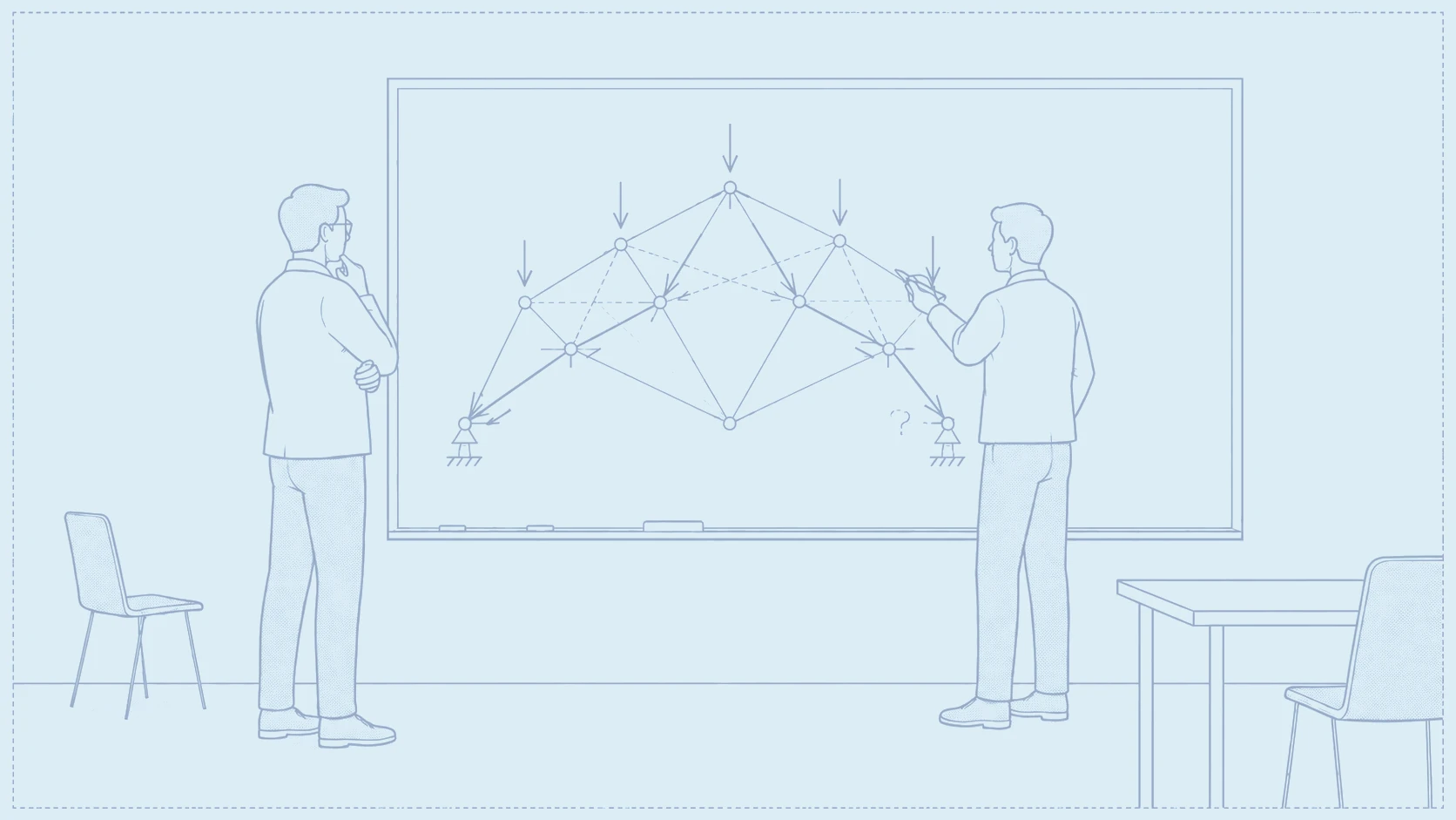 Two professionals stand at a whiteboard during a job interview, tracing load paths through a sketched space frame as the candidate explains the structure and the director looks on.