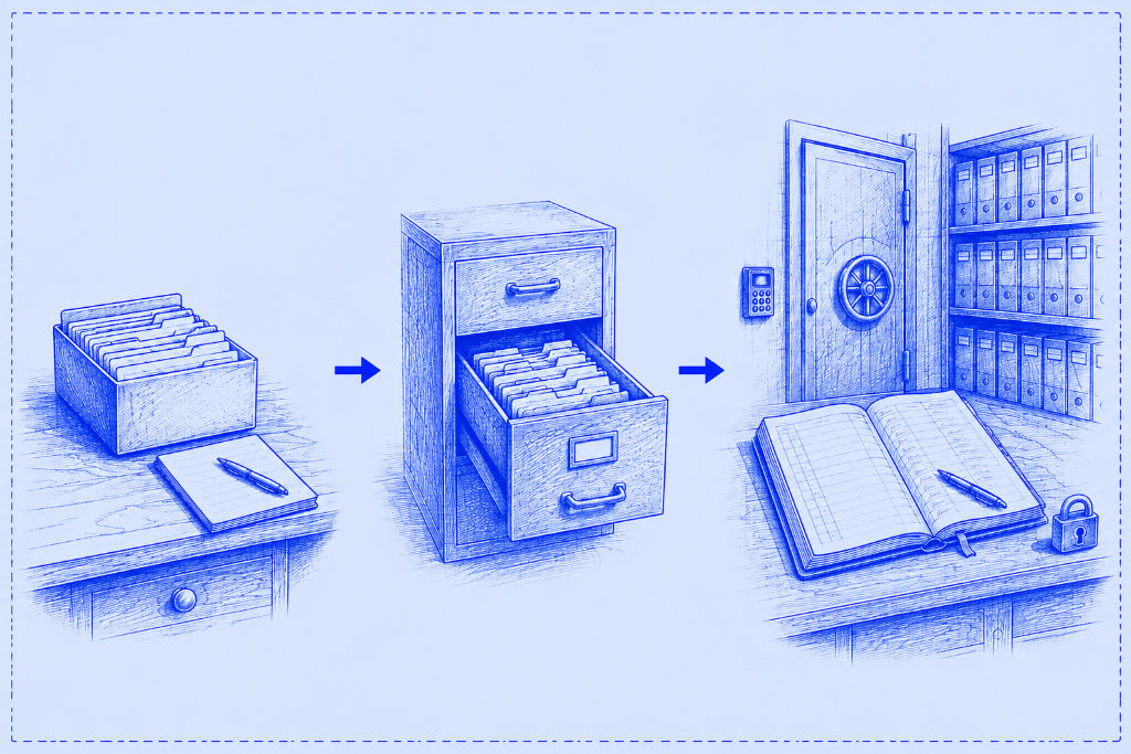 An illustration shows the evolution of a business knowledge system: a shoebox of index cards on a desk becomes a filing cabinet drawer full of records, then a secure archive room with a vault door and an open signature ledger, illustrating how a simple personal "second brain" grows into an organised, auditable system as a business scales.